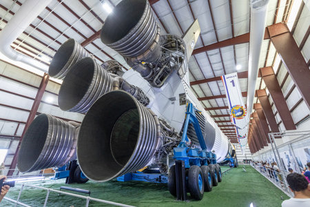 Houston, USA - October 22, 2023: inside hangar with SATURN V Rocket in Space Center - The Lyndon B....