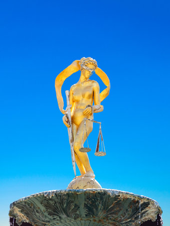 Lady Justice Statue on Water Fountain with San Antonio Downtown Building in Background, Texas, USAの写真素材