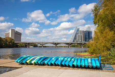 Austin, Texas - November 3, 2023: Renting a canoe at the Colorado River in Austin, Texas