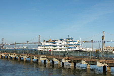 San Francisco, USA -May 20, 2022: San Francisco Belle cruise ship. View from the pier. Walk along the embankment of the cityのeditorial素材