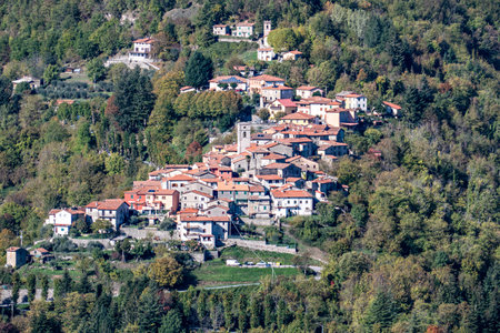 panorama from Alpe Colla piana to small village of Loreglia, Piedmont, Italyの写真素材