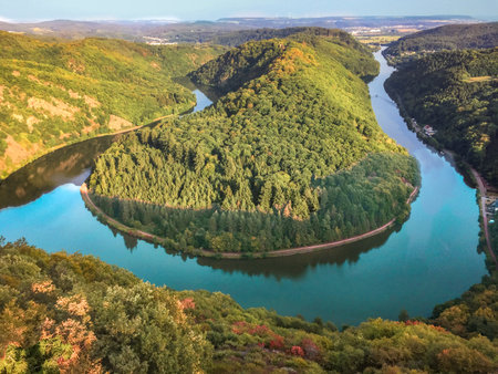 Famous river bend - Saarschleife - of the Sarre river at Orscholz, Germanyの写真素材