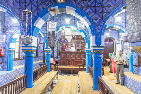 Erriadh, Tunisia - May 2, 2024: , inside view of historic El Ghriba synagogue in Erriadh, on Djerba...