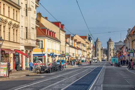 Potsdam, Germany - March 30, 2024: scenic view from Fiedrich Ebert street to Nauener Tor -Nauen Gate- in Potsdam. It is one of the three preserved gates of Potsdam, Germany and was built in 1755.のeditorial素材