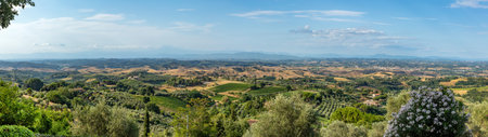 scenic view to the valley from tuscany village Montaione, Italyの写真素材