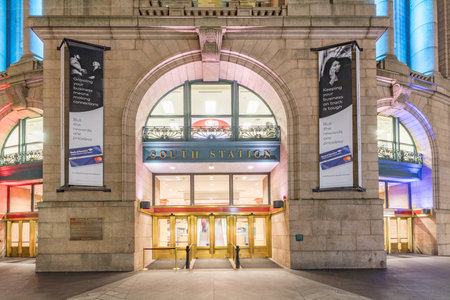 Boston, USA - September 12, 2017: Famous old rail and metro South station in Boston by nightのeditorial素材