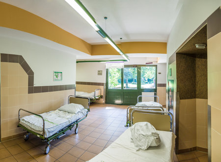FRANKFURT, GERMANY - AUG 7, 2016: panorama view of the isles inside the Hospital in Frankfurt Hoechst, a hospital which was originally founded for workers in the 19th century.のeditorial素材