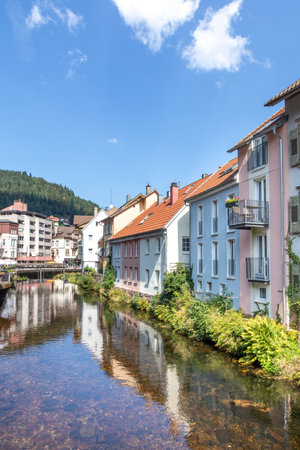 scenic city center of Bad Wildbad in the Black Forest with river Enz, Germanyの写真素材