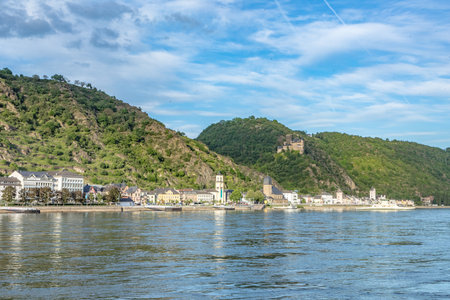 panoramic view to scenic river rhine valley to Sankt Goarshausen at the other rhine valley side, a Unesco world heritage siteの写真素材