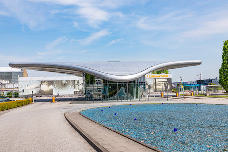 Hamburg, Germany - May 18, 2017: modern entrance gate to Lufthansa maintenance area in Hamburg,...