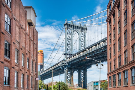 New York, USA - October 10, 2017: Brooklyn Bridge seen from Brooklyn Harbor site.