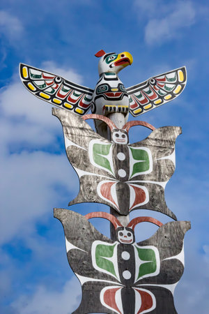 Duncan, Canada - August 22, 2016: Old traditional wooden totem masks in Canada.のeditorial素材
