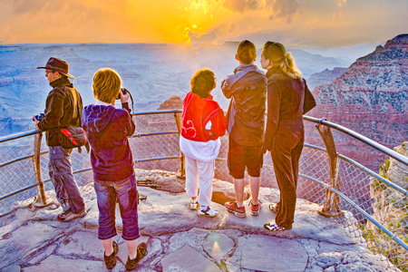 Grand Canyon, USA - July 11, 2008: people watch the sunset at Mather point at Great Canyon , USAのeditorial素材