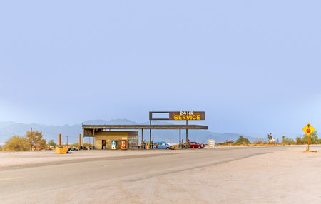 Desert Center, USA - July 7, 2008: petrol station at Desert Center, a nearly abandoned small village...