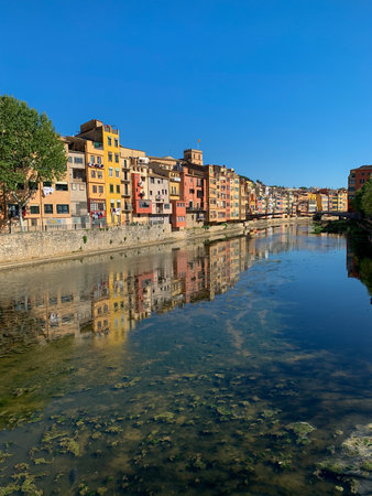 Famous colorful houses at river Onyar in Girona, Catalonia, Spainの写真素材