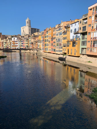 Famous colorful houses at river Onyar in Girona, Catalonia, Spainの写真素材