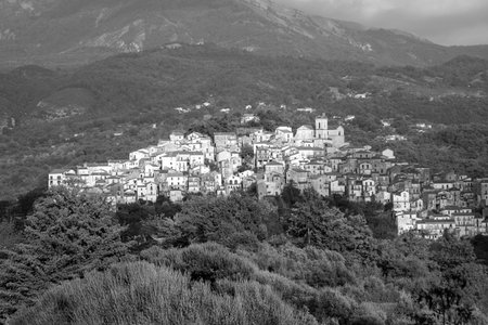 scenic skyline of Rivello old town at the hillsの写真素材
