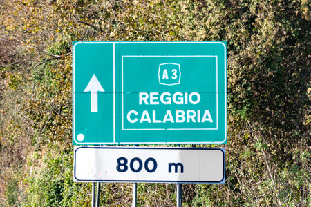 green street sign reggio calabria highway A3 in 800 meters in Italy