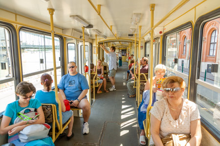 Budapest, Hungary - August 4, 2008: People ride in the streetcar in Budapest.のeditorial素材