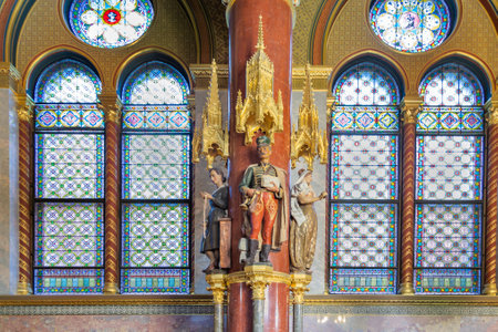 Budapest, Hungary - August 8, 2008: Decoration inside famous Hungarian parliament in gothic revival style in Budapest, Hungary. It was inaugurated on the 1000th anniversary of the country in 1896.のeditorial素材
