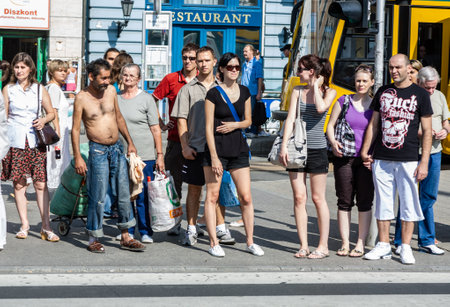 Budapest, Hungary - August 4, 2008: People at pedestrian crossing waiting in Budapest, Hungary. Budapest is the capital and the largest city of Hungary with 1.7 million people.のeditorial素材