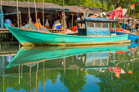 Bamboo huts at fisherman's village Kalak Khok on the island of Koh Chang in the mangrovesの写真素材