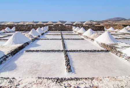 Salt will be produced in the old historic saltworks in Janubio, Lanzarote, Spainの写真素材