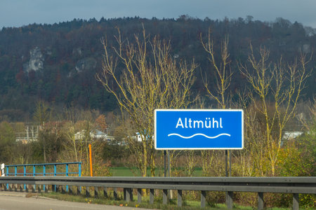 Signage at the highway in Germany AltmÃ¼hl valley and river, Bavariaの写真素材