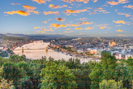 romantic skyline of Budapest, Hungary in sunsetの写真素材