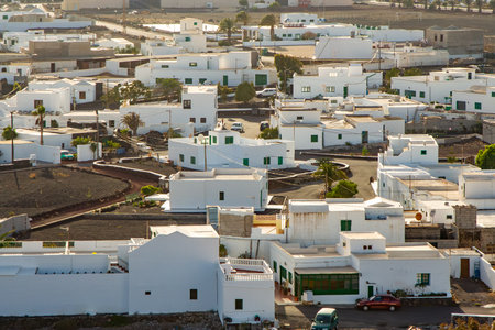 scenic view at sunset to small village of Uga in Lanzarote, Spainの写真素材