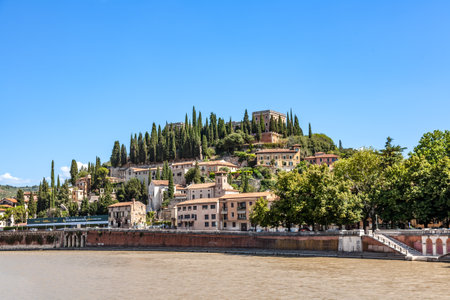 View of the castle of San Pietro in the city of Verona, Italy. The castle is on the top of the hill...