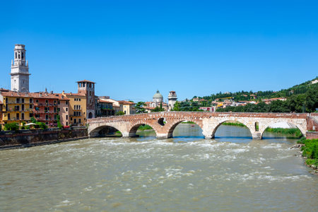 the old roman bridge in Verona spans the river Etsch, Italyの写真素材