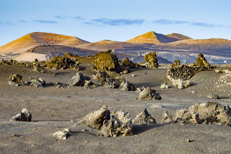 Volcano landscape at sunset, national park of Timanfaya in Lanzarote, Spainの写真素材