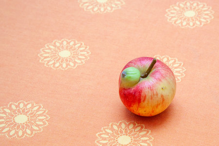 fresh apples visible by deformation in beautiful light with association of a young birdの写真素材
