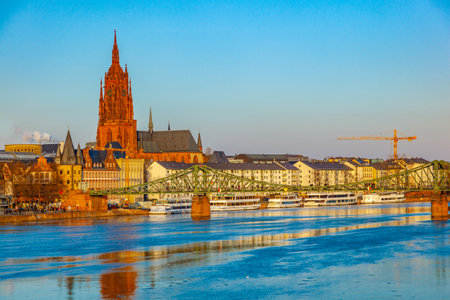 City view of Frankfurt with river main and reflection in riverの写真素材