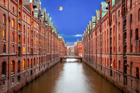 historic Speicherstadt at night in Hamburg, a UNESCO world heritage siteの写真素材