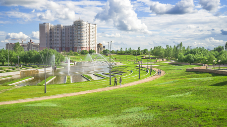 President Park in Astana city. Alley of fountains. The Presidential Park is a favorite vacation spot for Astana residents.のeditorial素材