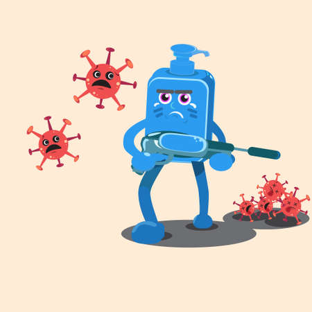 Cartoon character hand sanitizer vector graphic illustration beats cartoon corona virus, antiseptic kills corona virus, disinfectant cripples corona virus, hunts down corona virus.のイラスト素材