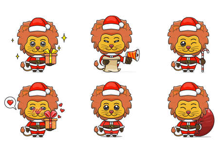 cute lion set, animal character bundles in santa costumes, animals wearing christmas costumes. cartoon in kawaii style, chibi mascot. very suitable for Christmas content. for adult or childのイラスト素材