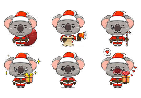 cute koala set, animal character bundles in santa costumes, animals wearing christmas costumes. cartoon in kawaii style, chibi mascot. very suitable for Christmas content. for adult or childのイラスト素材