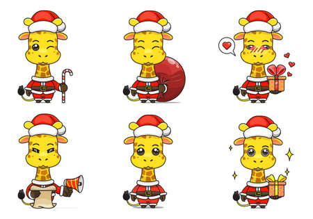 cute giraffe set, animal character bundles in santa costumes, animals wearing christmas costumes. cartoon in kawaii style, chibi mascot. very suitable for Christmas content. for adult or childのイラスト素材