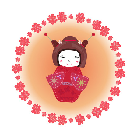 Kokeshi doll set in kimono. Japanese traditional toyのイラスト素材