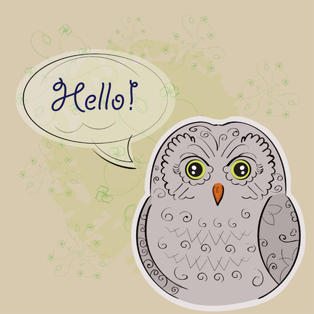 Wise grey owl said Hello. Vector illustrationのイラスト素材