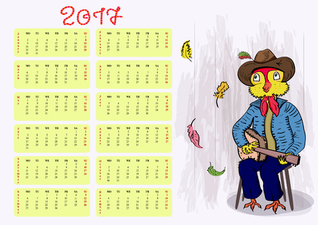 Calendar grid. Happy rooster. Happy New Year 2017のイラスト素材