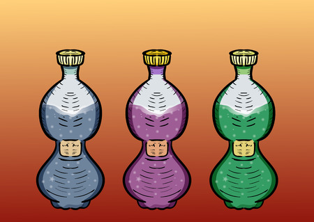 Three plastic bottles into a beverage. Blue, purple green colorのイラスト素材