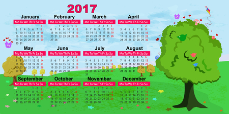 Calendar 2017. Trees with birds funnyのイラスト素材