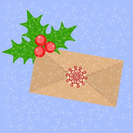 Postcard with the image of an envelope with a stamp and branches of hollyのイラスト素材