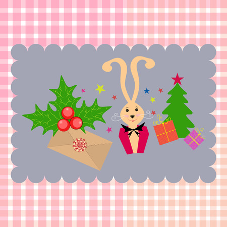Background tartan. Christmas card with bunnies, Christmas tree, giftsのイラスト素材