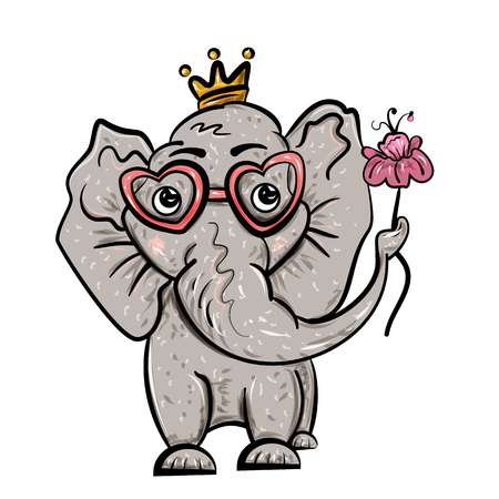Elephant in the crown and with a flower. Isolated on white. Valentine's Day. Feast of Love. Vector illustration. - Vectorのイラスト素材