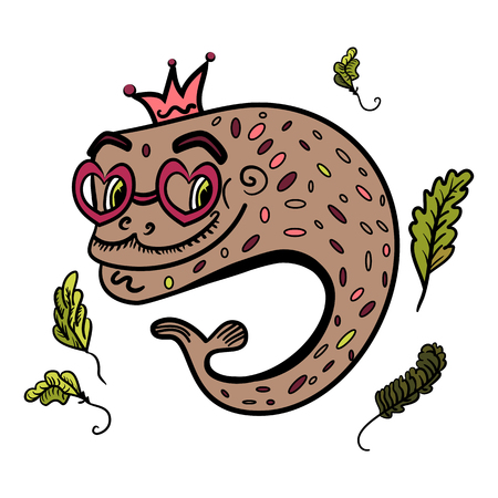 A cartoon illustration of a fish with glasses in shape of heart. Fish with a crown on his head. The fish swims among the seaweed. Valentine's Day. The sweet feeling of love. Vector illustration for postcard or poster, print for clothes or backpack.- Vectorのイラスト素材